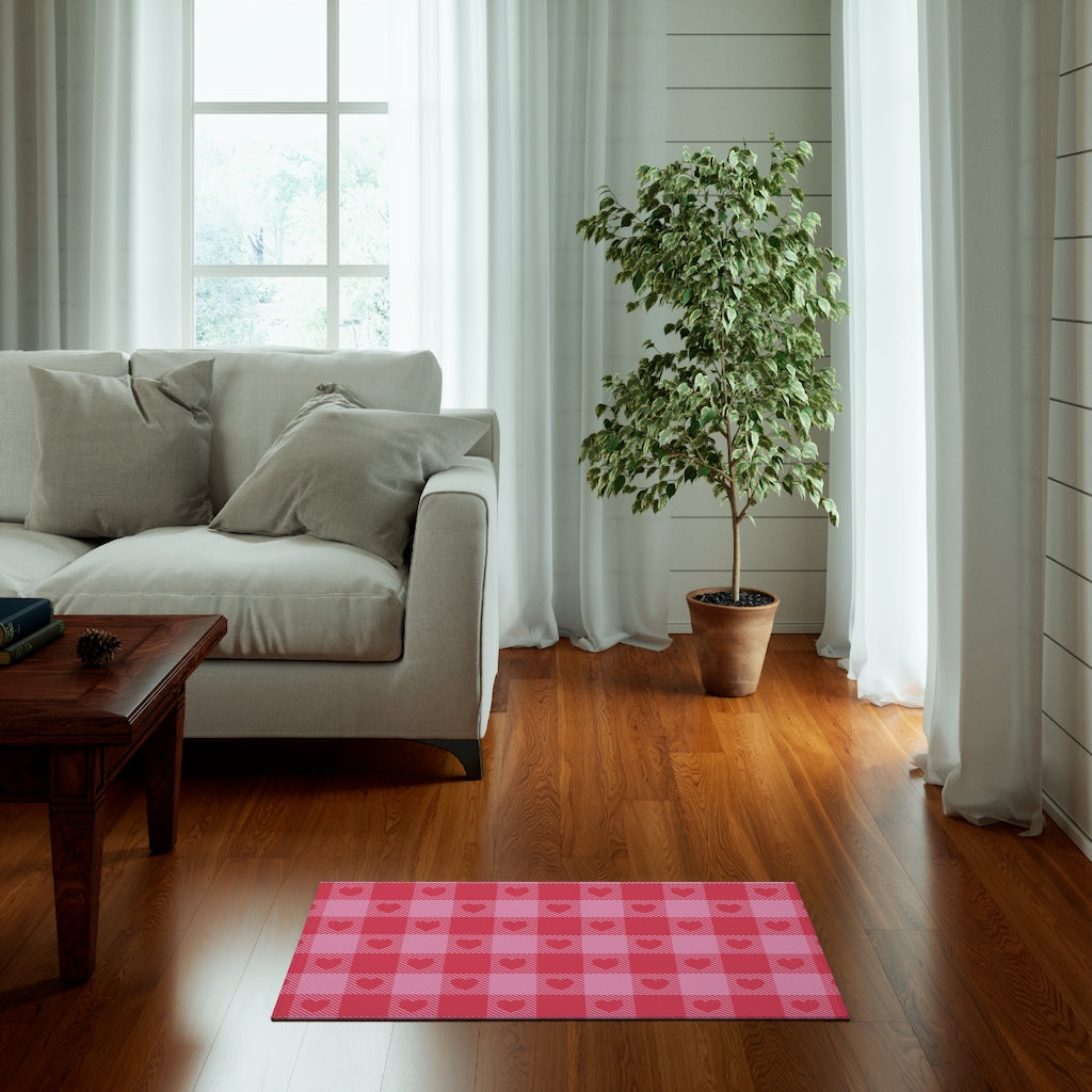Heart Buffalo Plaid Entry Rug / Pink Red