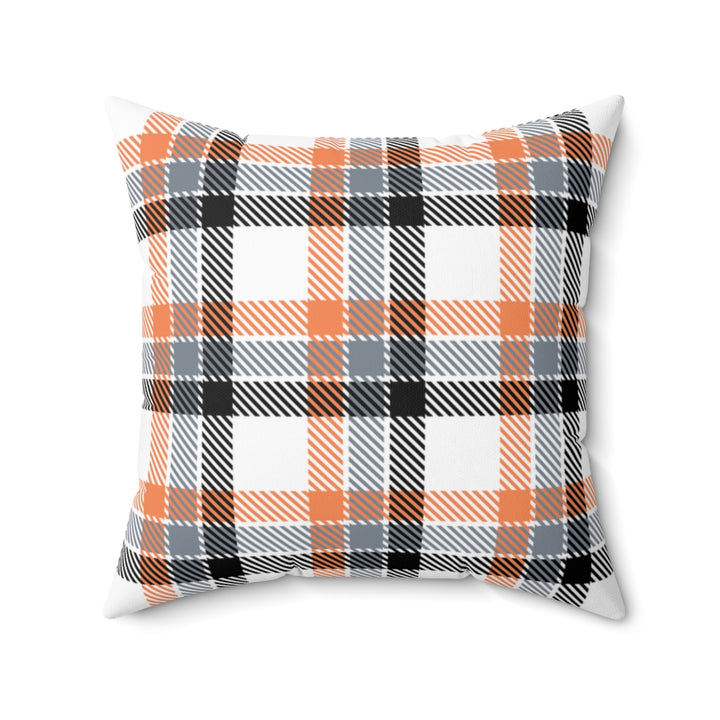 Cozy Halloween and fall plaid pillow cover in vibrant seasonal colors, made from soft spun polyester. Perfect for adding warmth and charm to your autumn decor.