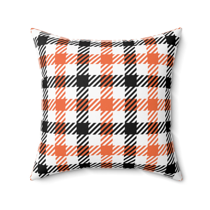 Halloween and fall-themed plaid pillow cover made from 100% spun polyester with a double-sided design and concealed zipper for seasonal home decor.