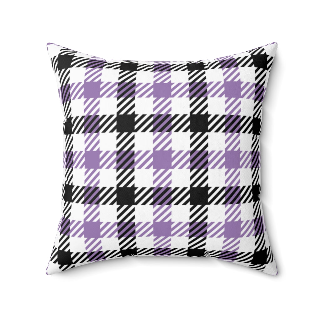 Cozy Halloween purple plaid pillow cover in vibrant seasonal colors, made from soft spun polyester. Perfect for adding warmth and charm to your autumn decor.