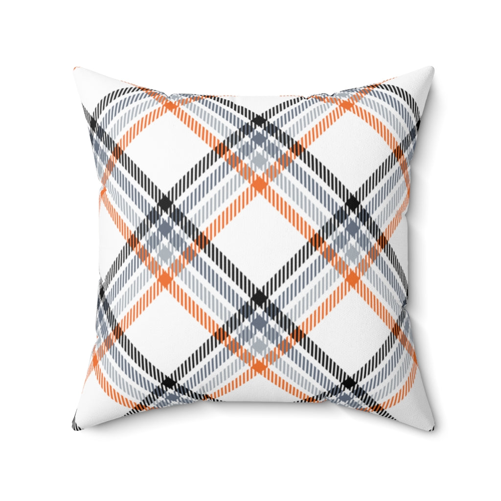 Cozy Halloween and fall plaid pillow cover in vibrant seasonal colors, made from soft spun polyester. Perfect for adding warmth and charm to your autumn decor.