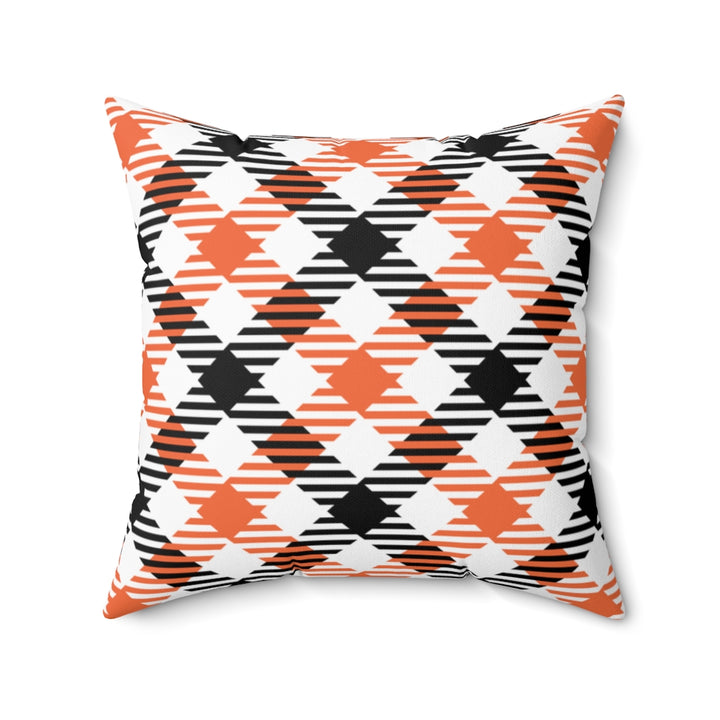 Cozy Halloween and fall plaid pillow cover in vibrant seasonal colors, made from soft spun polyester. Perfect for adding warmth and charm to your autumn decor.