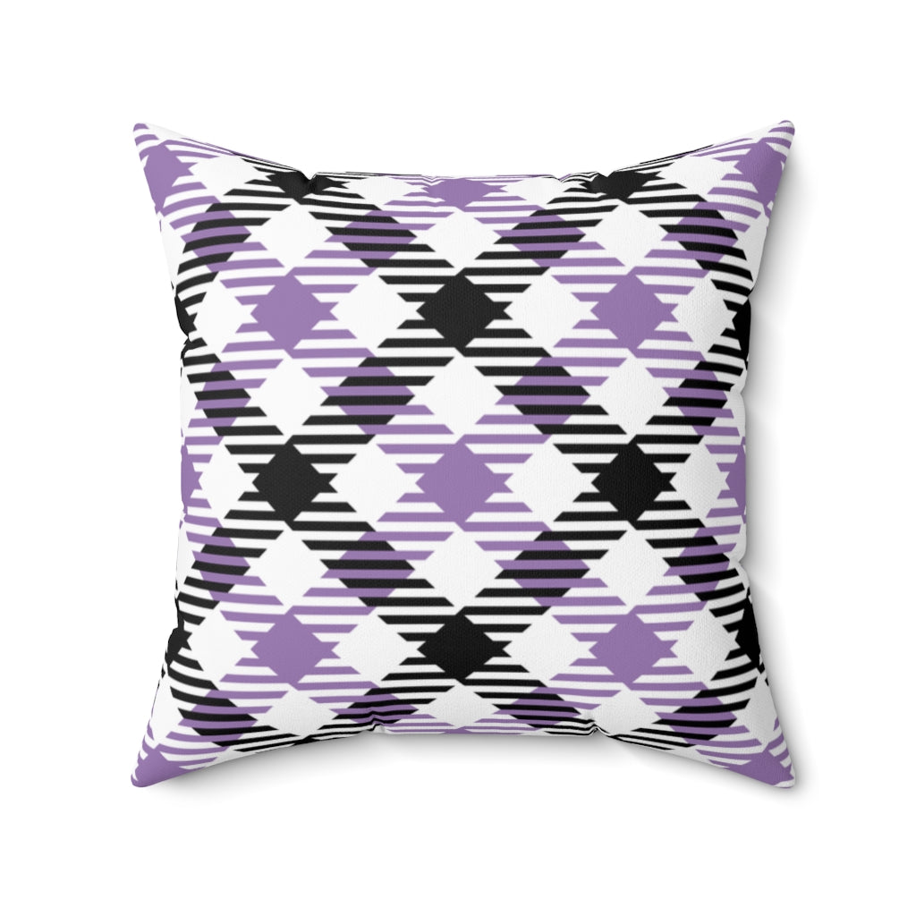 Cozy Halloween purple plaid pillow cover in vibrant seasonal colors, made from soft spun polyester. Perfect for adding warmth and charm to your autumn decor.