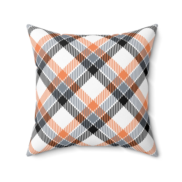 Cozy Halloween and fall plaid pillow cover in vibrant seasonal colors, made from soft spun polyester. Perfect for adding warmth and charm to your autumn decor.